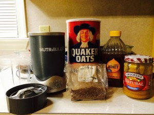 Bullet blender, oats, honey, peanut butter, and flax seed